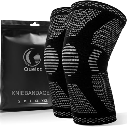 Quelcc 2 Pack Kniebandage Set, Kompression Kniestütze für Meniskusriss, Kniestütze für Damen und Männer, Rutschfeste Atmungsaktiv für Kniescherzen Lindert, Sport, Schwarz, XL