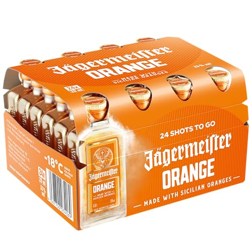 Jägermeister ORANGE – 24 x 0,02l Premium Kräuterlikör Shots 33% Vol. – Fruchtig-frisch mit Citrusöl-Extrakt aus sonnengereiften sizilianischen Orangen – 56 erlesene Kräuter