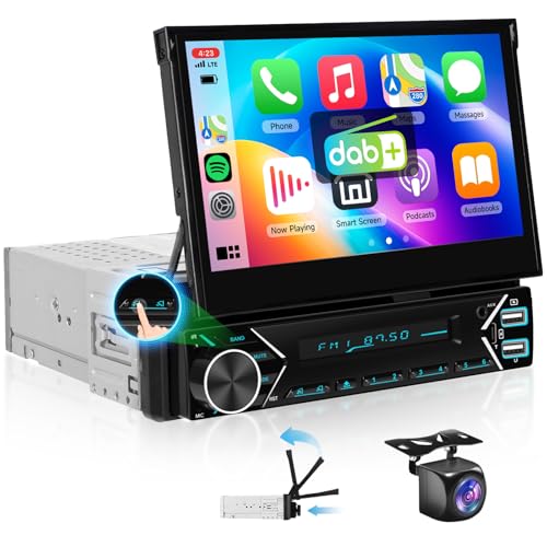 1-DIN-DAB+ Autoradio, Kabelloses CarPlay, Android Auto, 7-Zoll-Radio mit automatisch einziehbarem Bildschirm, Bluetooth-Radio, Lenkradsteuerung/Mirror Link/EQ/USB-C+Rückfahrkamera