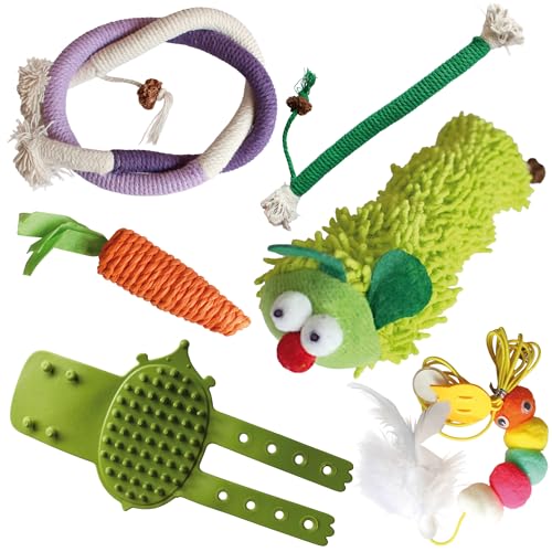 KaraLuna Katzenspielzeug Set, 6-teilig mit Plüschraupe, Federspielzeug, Seilspielzeuge, Knister-Möhre, Massage Eckbürste, Interaktives Spielzeug für Katzen