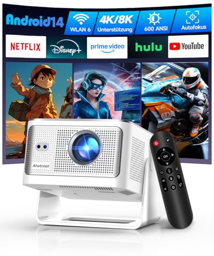 Alwtniet Mini Beamer Projektor 4K 8K Unterstützt, Full HD 1080P Smart Projector mit Android 14, WiFi 6 Bluetooth 5.4, Autofokus Auto Keystone 180°Dreh Beamer klein Heimkino Ultrakurzdistanz HY350MAX