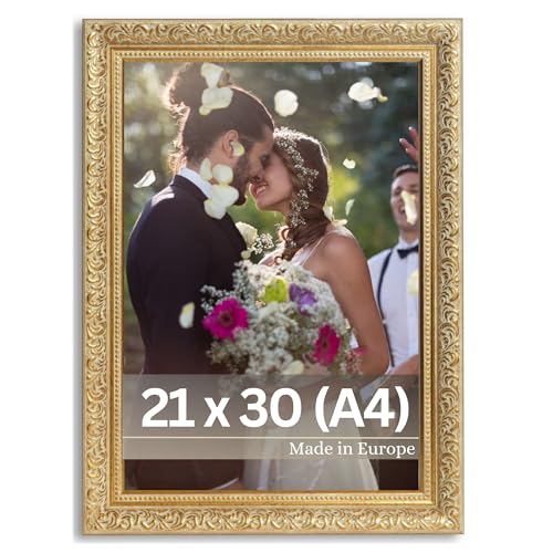 VictoR Vintage Bilderrahmen „Rubens“ in 21x30 cm (A4) Gold Grün - Leiste: 30x20mm - Echtglas - Fotorahmen Barock - Antik - Bilderrahmen 20x30 Vintage - Fotorahmen A4 Gold