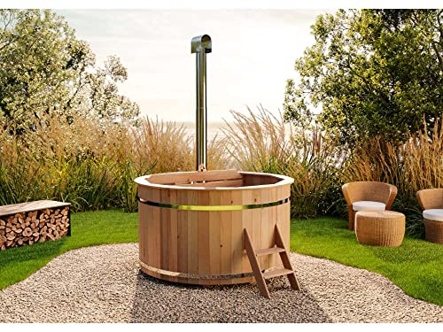 FinnTherm Holz Badefass Bergen, Hot Tub Ø 180 x 110 cm, inkl. Edelstahl-Ofen 22 kW und Einstiegsleiter, 5-6 Personen, Schwimmbecken, Badebottich, Sprudelbad