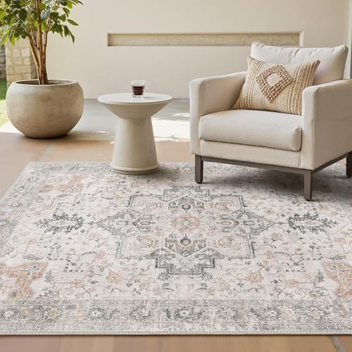 GENIMO Vintage Teppich 160x230cm, Teppiche Wohnzimmer, Waschbare Teppiche, Boho Teppich, Großer Carpet rutschfest, Schlafzimmer, Esszimmer, Büro, Beige