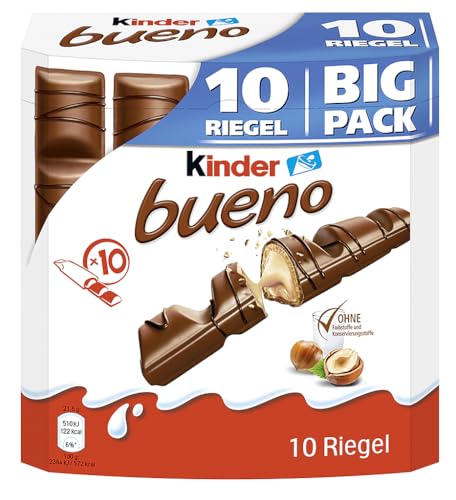 kinder bueno Big Pack – Schokoriegel mit knuspriger Waffel, feiner Milch-Haselnuss-Cremeund zarter Vollmilchschokolade – 1 Großpackung mit 10 einzeln verpackten Riegeln (10 x 21,5 g)