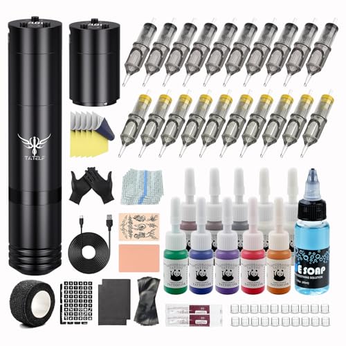 TATELF Maschine Set Wireless Drehstift Gerät mit 2 Stück Batterien 20 Stück Cartridges Nadeln 10 Tinten Komplettes Zubehör für Anfänger und Künstler