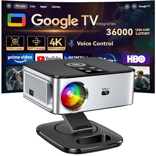 Beamer【1500 ANSI & Google TV】 HORLAT Beamer 4K Heimkino, Full HD 1080P WiFi6 Bluetooth, Autofokus/Trapezkorrektur,Sprachsteuerung,HDR10, Projektor Mit 360° Drehbarem Ständer