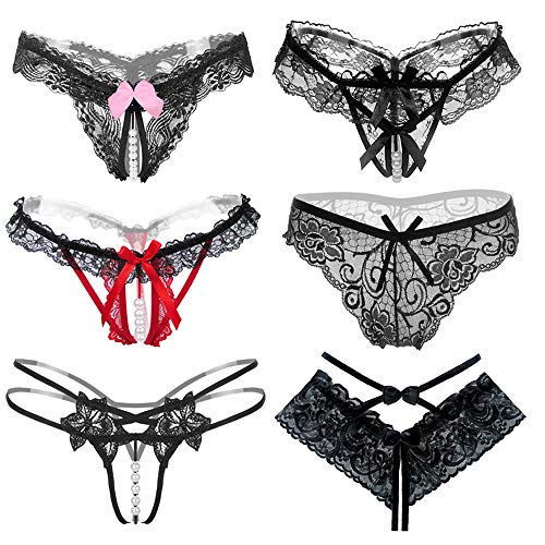6er Packs String Ouvert Damen mit Perlen Blumen Loch Set Frauen,Schwarz Spitze Sexy Unterwäsche Mit Offenem Schritt Tangas G-String Reizwäsche Thongs V-String Höschen (6 Muster)