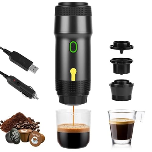 Dreamhigh® Tragbare Espressomaschine mit 7500mAh Akku, Reise Kaffeemaschine Klein mit USB & Autoladegerät, Mini Espressomaschine kompatibel mit Kaffeekapseln & Pulver, für Camping & Reisen