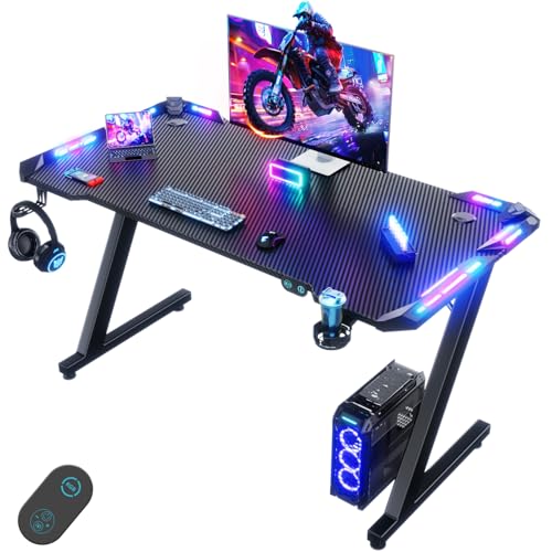 Devoko 120 x 60 cm Gaming Tisch, Gaming Schreibtisch mit LED, Kohlefaser-Oberfläche, Ergonomic Gamer Tisch with Drink Holder, Headphone Hook, Stabiler Computertisch