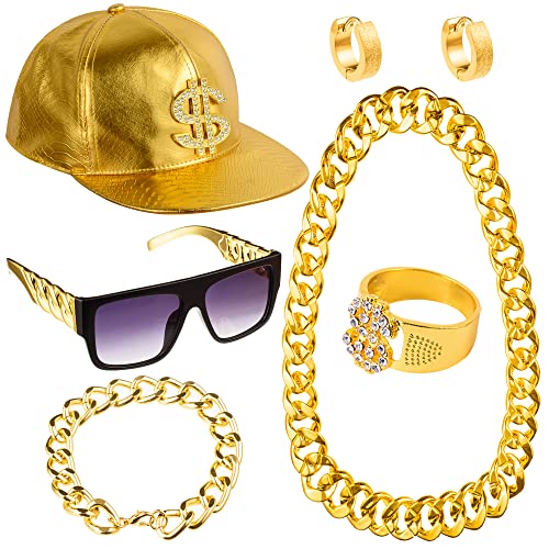 Peirich 80er Jahre 90er Jahre Kostüme Outfit für Männer Frauen, Hip Hop Kostüm Kit Metall Kette Flat Top Sonnenbrille Rapper Große Kette Halskette und Armband Hip Hop Gold Cap