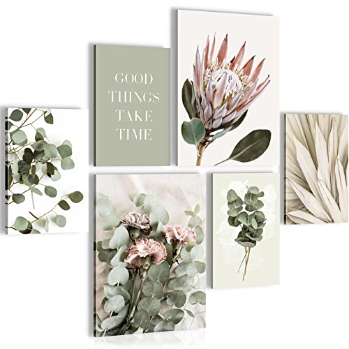 Novart Wandbilder Set Grün Blätter Boho Beige - KEIN EXTRA RAHMEN BENÖTIGT - Modern Deko - Wohnzimmer Schlafzimmer N023063a