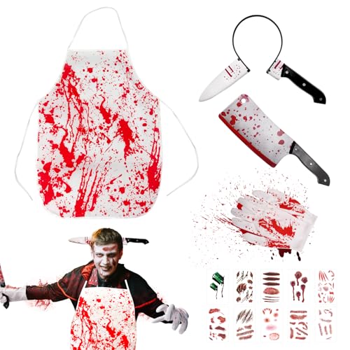 JJKOL Metzger Kostüm Halloween, Halloween Kostüm Herren & Damen Messer im Kopf, Horror Metzger Kostüme, mit Blutige Schürze Handschuhe Kopfschmuck Messer und 10 Stück Narbe sticker,für Halloween Party