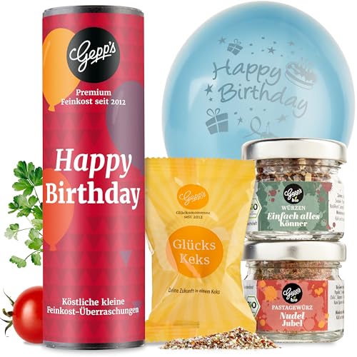 Gepp‘s Feinkost Kleines Geschenkset Happy Birthday I Geschenk gefüllt mit leckeren Delikatessen I Geburtstagsgeschenk & Mitbringsel für Erwachsene I Kleine Geschenkidee zu Weihnachten