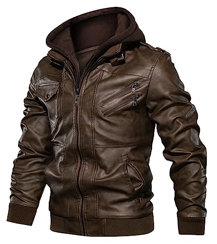 Uusollecy Lederjacke Herren, Kunstlederjacke Mit Abnehmbare Kapuze Braun XL