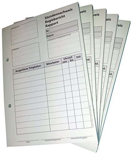 Druckerei Scharlau 1x Block Stundennachweis-Regiebericht - Rapport DIN A5, 2-fach selbstdurchschreibend, 2x50 Blatt weiß/grün - gelocht (22432)