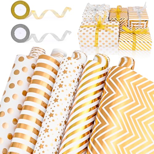 HOMIKLSA Geschenkpapier Weiß Gold, 5 Rollen Geschenkpapier Gift(43 cm x 300cm) mit Schleifenband Gold Klebeband für Großes Festival Kindergeburtstag Hochzeit BabyParty