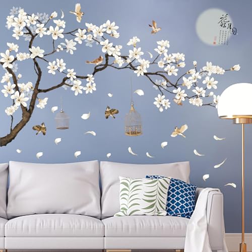 Wandtattoos Blumen Weiße Wandaufkleber Blumen Baum und fliegenden Vögeln, Entfernbar DIY-Wandkunst Dekoration Wandsticker für Wohnzimmer Flur Kinderzimmer Schlafzimmer Arbeitszimmer, 127x188 cm