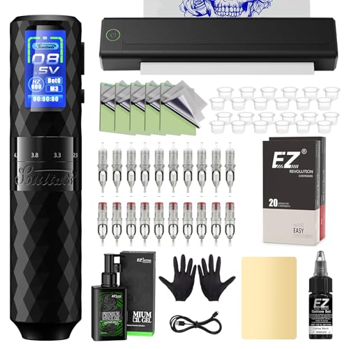 Stencil Drucker Set - Tattoo Drucker mit 6 Hüben 2,5–4,8mm Tattoo Maschine, 1600mAh Stromversorgung, 20 Stück Tattoo Nadeln für Tattoo Anfänger und Künstler