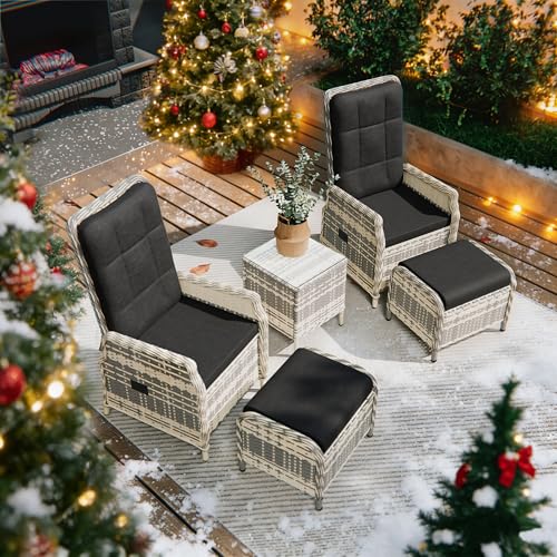 Gotland Rattan Gartenmöbel Set Lounge Möbel Outdoor, Verstellbares 2-Sitzer Terrassenmöbel Außen mit 118° Rückenlehne & Fußhocker, Hochwertige Polster & Glastisch, Wetterfest (Schwarz)