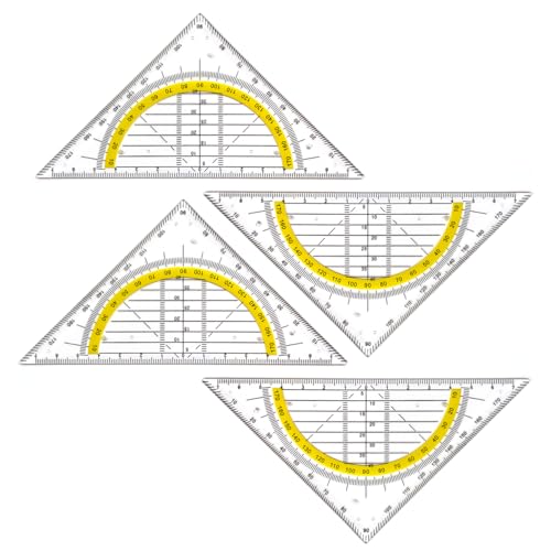 Geodreieck Grundschule 4 Stück Transparentes Geometriedreieck aus bruchsicherem Kunststoff mit gelber Skala Hilfslinien stabil Winkelmesser für Büro oder Schule Geschäftsräume (4 Stück Ohne Griff)