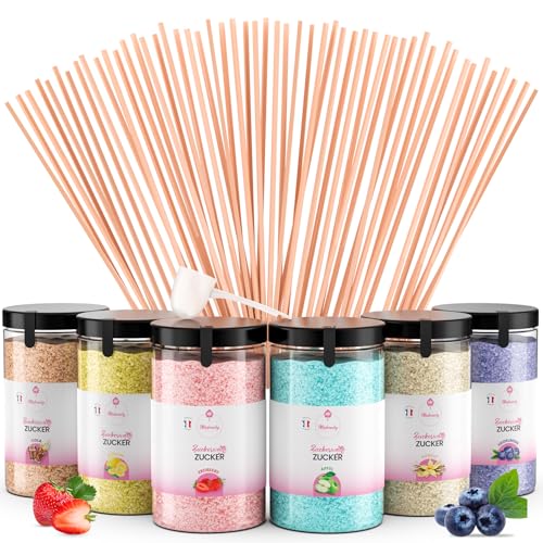 Misskandy®, Zuckerwatte Zucker (Farbstoffe ohne Azofarbstoffe) / Charge (6 * 240Gr) Erdbeere, Cola, Zitrone, Heidelbeere, Apfel, Vanille/zuckerwattemaschine zucker/Aromazucker + 50 Stäbchen (Free)