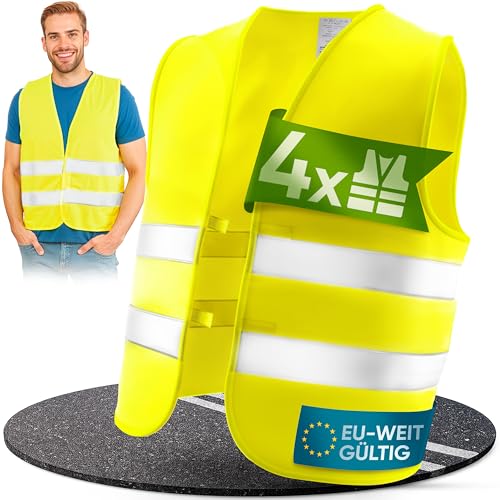 PURAHELP Warnwesten Auto 4er Set [EN ISO 20471] für Erwachsene - EU-weit gültig - Bis zu 150m sichtbar - Sicherheitsweste Auto Warnweste Gelb - Warnschutzweste