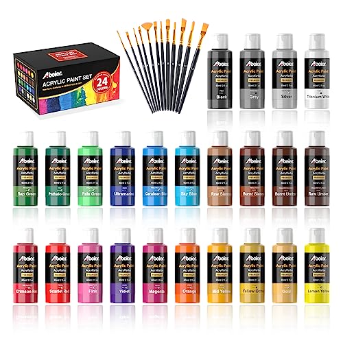 ABEIER Acrylfarben Set mit 24 Farben (je 60 ml) und 12 Pinseln, Acrylfarbe Premium, ungiftig und lichtbeständig, glänzendes Finish, für Leinwand, Holz, Stoff; Anfänger, Erwachsene, Kinder, Künstler
