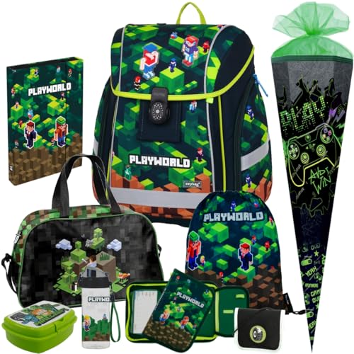 Pridera OB Premium Light - Playworld - Pixel - Schulranzen-Set 9tlg. mit Sporttasche, Schultüte N, Brotdose Trinkflasche Brustbeutel, Heftbox A4 gratis