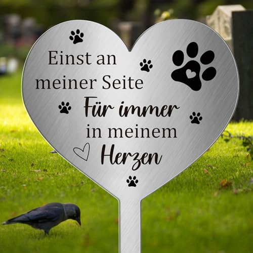 Photect Grabschmuck Wetterfest für Hund Katze Tiere Grabstecker Metall Herz mit Spruch Einst an Meiner Seite,für Immer in Meinem Herzen Grab Deko Grabstein Hund Haustier Gedenktafel Katze
