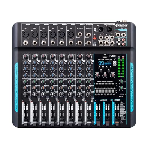 Audio Mixer Professioneller,10 Kanal Stereo Sound Mischpult mit 99 DSP-Reverb/7-Band-Gleichgewicht/USB-Anschluss,Eingang 48 V Phantomspeisung,Ein Klick stumm,für Aufnahme DJ Bühne Musik Anwendung