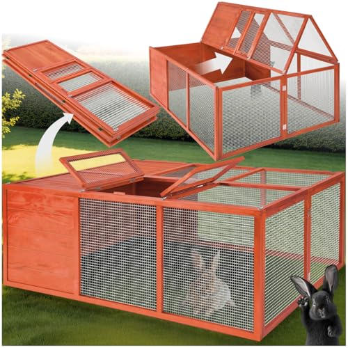 tectake® Hasenstall, faltbar, Holz, mit Dachöffnung, Freigehege, Meerschweinchen Käfig, Kaninchen Zubehör, Freilaufgehege Kaninchen, Meerschweinchen Zubehör, Kleintierkäfig, Hasenkäfig 150x103x53cm