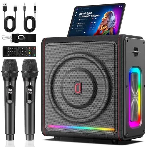 HWWR Karaoke Maschine mit 2 Mikrofone Karaoke Anlage Tragbaren Bluetooth Lautsprecher Box für Erwachsene/Kinder mit Lichteffekte PA Komplettsets, Unterstützt TF/USB, FM, Rec, AUX in, TWS für Party