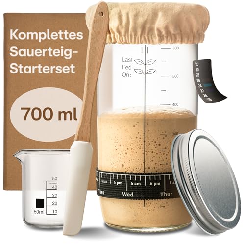 Praknu Sauerteig Starter Set aus Glas (700ml) Komplett-Set mit Anleitung für Einsteiger & Zuhause backen (Sauerteig Set)