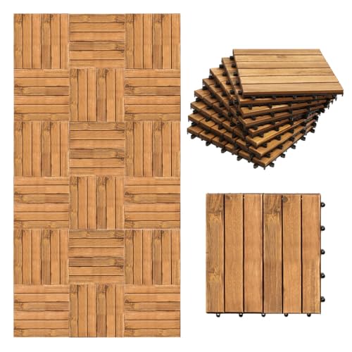 Jaxguom Holzfliesen Outdoor 30x30cm, Akazienholz Terrassenfliesen 11Stück 1㎡,Balkon Bodenbelag(6 Latten),Terassenboden Außen,Klickfliesen Terrasse Mosaik für Garten Patio