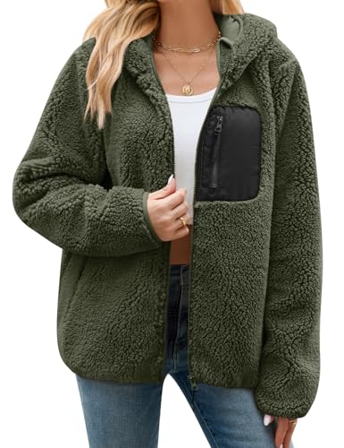 RITOSTA Fleecejacke Damen Winter Teddyjacke mit Kapuze Teddyfleece Kapuzenpullover Warme Herbstjacke Winterjacke Sherpa Damen-Jacken Zipper Hoodie Mantel Outdoor Plüschjacke mit Taschen(Grün,M)