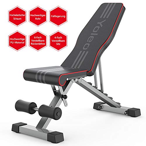 YOLEO klappbare Hantelbank Multifunktion Training Fitness Bank Bauchtrainer Schrägbank mit 6-Fach Verstellbarer Rückenlehne/3-Fach verstellbarer Sitzkissen,Belastung 300kg (Elegantes Schwarz-Rot)