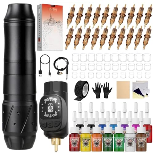 HAWINK Tattoo Maschine Set Tattoo Kit mit 1600mAh Akku 20PCS Tattoo Nadeln 14 Tattoo Farbe Komplette Tattoo Zubehör EM155TI201EN02-1