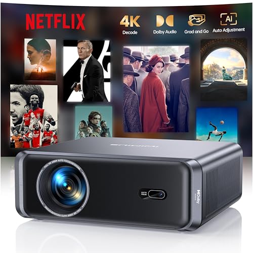 Smart Beamer 4K mit Official Netflix, Dolby Audio, 1000 ANSI Beamer 4K Heimkino Unterstützt Auto Focus/6D Trapezkorrektur, WiFi 6/Bluetooth Full HD 1080P Projektor Outdoor Garten für Android/iPhone