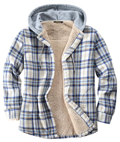 Derbars Damen Sherpa Gefüttert Flanell Hemdjacke Baumwolle Plaid Fleece Button Down Jacken mit Kapuze für Frauen, Hell, blau, XXL