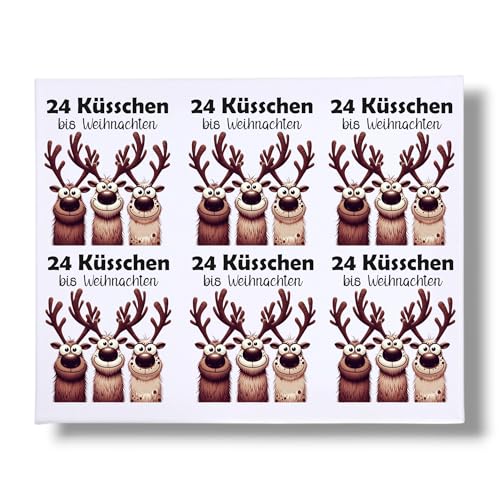 RUB-ON-Sticker Glas, 24 KÜSSCHEN; Adventskalender to go, Sprüche, Weihnachten, Wichtel, Elch, Rentier, DIN A4, randlose Rubons-Sticker, Rubon Aufkleber (Elche lustig Trio)