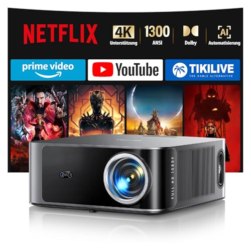 Beamer 4K【Offizielles Netflix & Dolby Audio】 Toptro 1200 ANSI Smart Beamer Heimkino, 1080P Full HD Video Projektor mit Zwei-Wege Bluetooth WiFi, KI-Autofokus & Trapezkorrektur für Outdoor/Handy