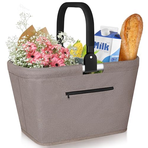 Anhow 35L Einkaufskorb Faltbar, Hochwertige Einkaufstasche Familie mit Aluminium Griff wasserabweisendes Picknickkorb Praktischer Tragekorb Groß für Reisen Picknick Einkaufen Geschenk - Khaki