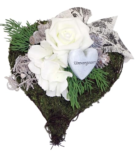 Grabschmusck MOOS Herz mit weißer Schaumrose, wetterfest CreaFlor Home