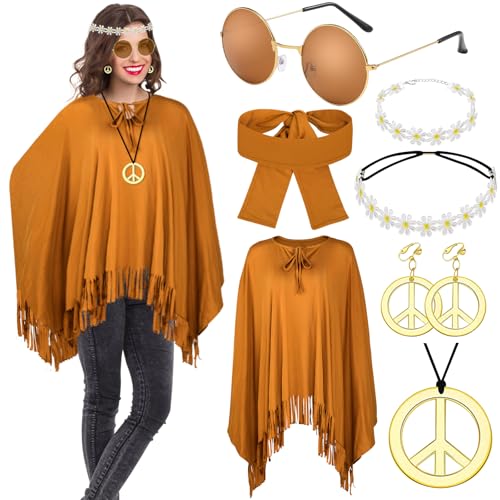 ATOWORLD Hippie Kostüm Damen Set mit Hippie Poncho und Zubehör Karneval Fasching Hippie Kleidung Damen Boho Flower Power 60er 70er Jahre Bekleidung Frau Cowgirl Kostüm Poncho BraunDisco Outfit