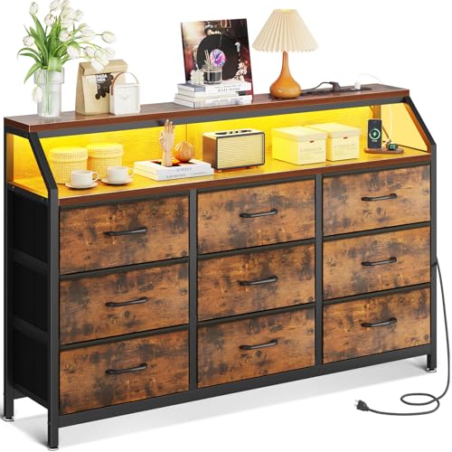 ODK Kommode mit Schubladen, Schubladenschrank mit 2 Steckdosen 2 USB-Anschlüssen und Farbwechselnder LED-Lichtleiste, mit 9 Stoffschubladen, Geeignet für Schlafzimmer, Wohnzimmer, Vintage Farbe