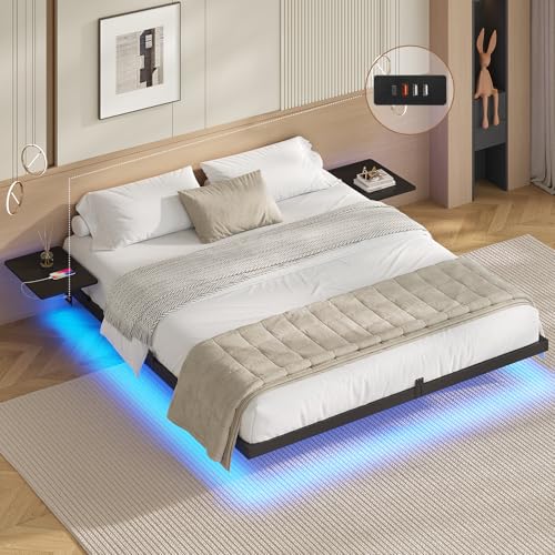 AOGLLATI Bettgestell 180x200 Bett 180x200 aus Metall mit LED Beleuchtung und Ladestation Schwebender Bettrahmen mit Aufbewahrungsregalen Metallbett mit Lattenrost Doppelbett Schwarz (Ohne Matratze)