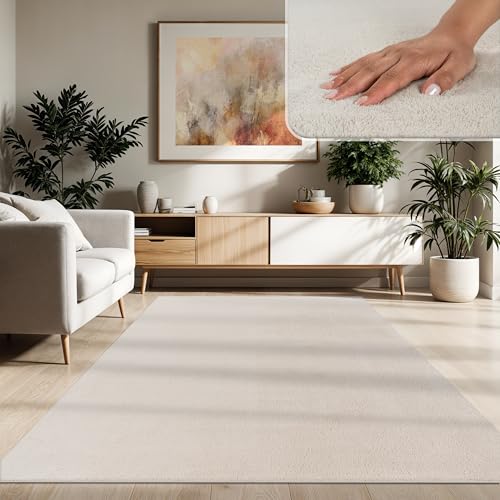 Paco Home Moderner Kuscheliger Wohnzimmer Teppich Kurzflor waschbar flauschig Weich Einfarbig Felloptik zeitlos stilvoll rutschfest pflegeleicht, Größe 140 x 200 cm, Farbe: Creme 4