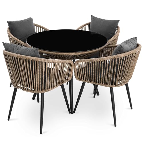 di volio Gartenmöbel-Set RIETI Beige/Grau, Terrassenmöbel aus Polyrattan und Stahl, Gartenmöbel für 4 Personen - Couchtisch & 4 Stühle