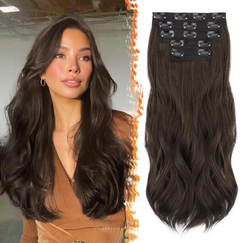 BARSDAR Clip in Haarverlängerungen, 50cm Wellige Clip in Hair Extensions für Frauen 5PCs Voller Kopf Natürliches Look Synthetisches Haarteil Haarextension - Dunkelbraun